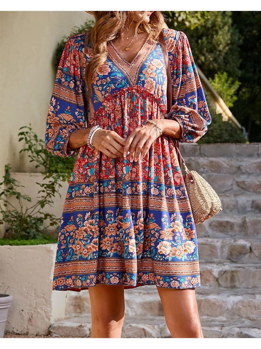 Women Red Pull On Long Sleeve Floral Flowy Boho Babydoll Mini Short Dress - Picture 4 of 6